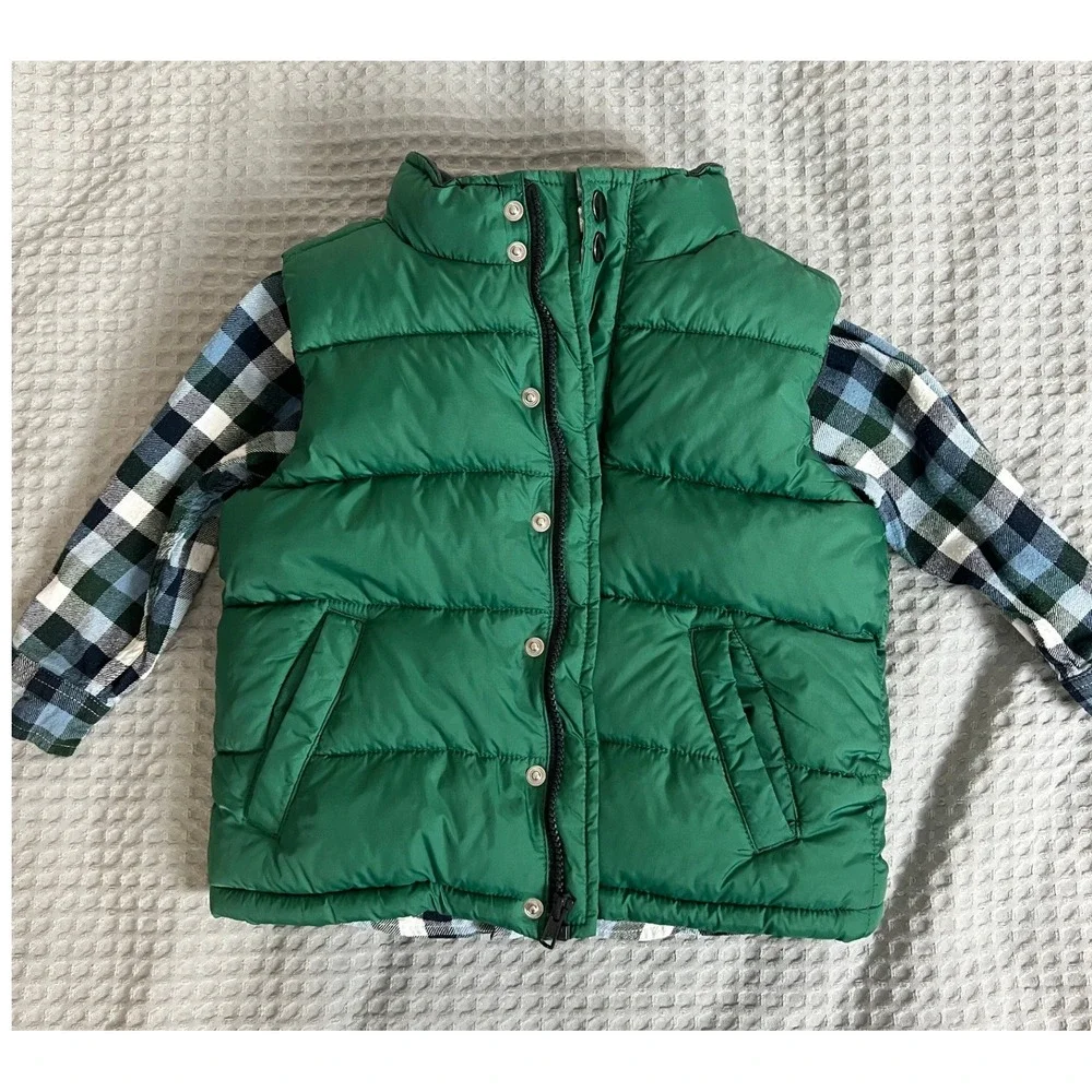 Gymboree Boys Classic Green Puffer Vest and Plaid Flannel Shirt Set Size 3T 4 XS